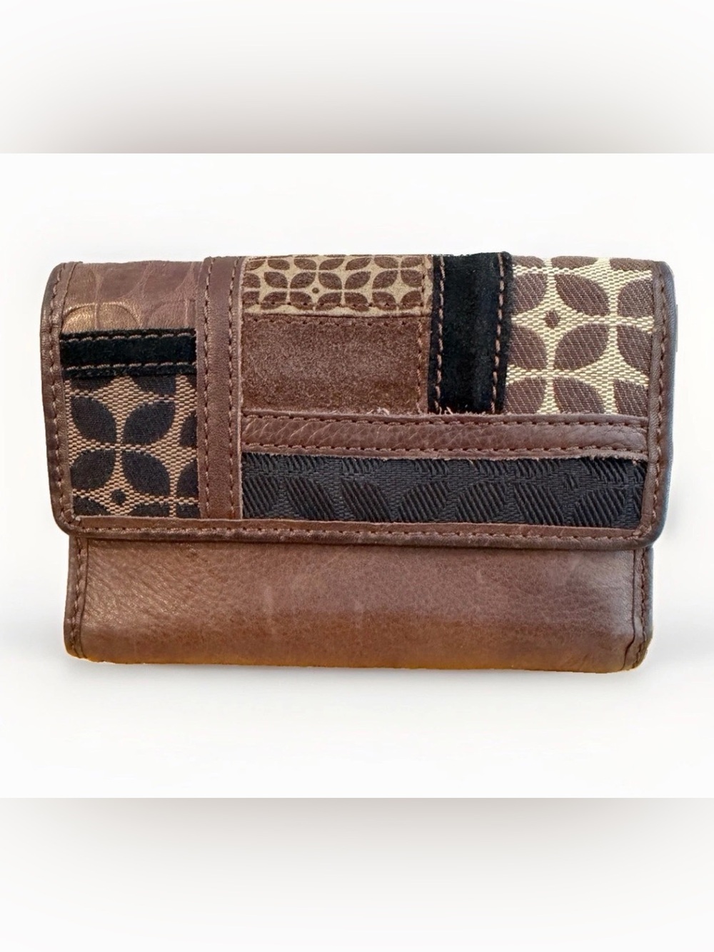 Vintage Fossil Patchwork Brown Leather Trifold Wallet Card Slots Coin Pocket